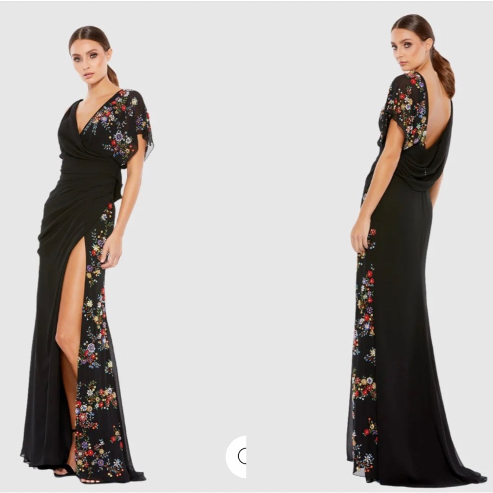 Mac Duggal Black Maxi Dress with Multicolor Floral Embroidery